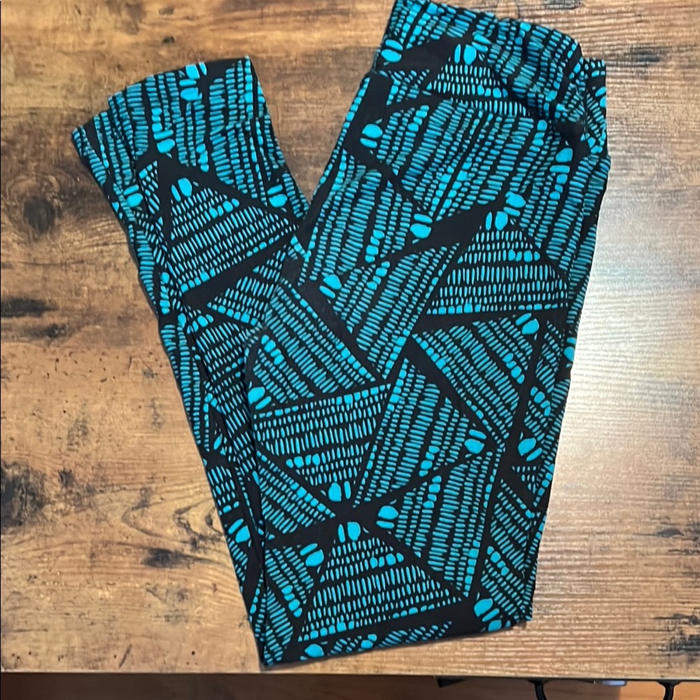 LuLaRoe Black and Blue Leggings with Abstract Design